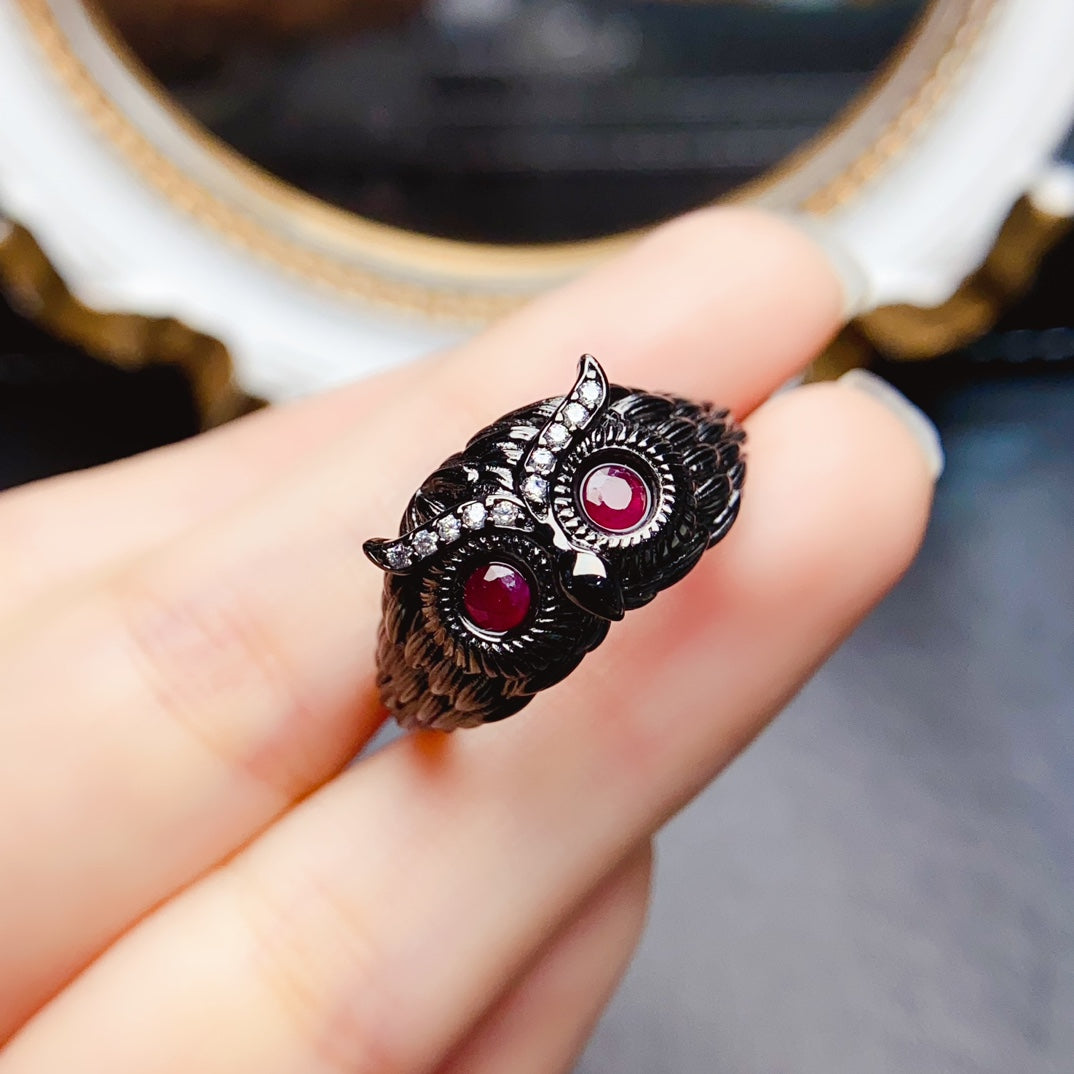 Natural Ruby Owl Ring 3*3mm Black Rhodium Plated Cool Design High Clarity Pigeon Blood Red S925 Silver Setting Adjustable Open Ring Dark Style Ins Gift