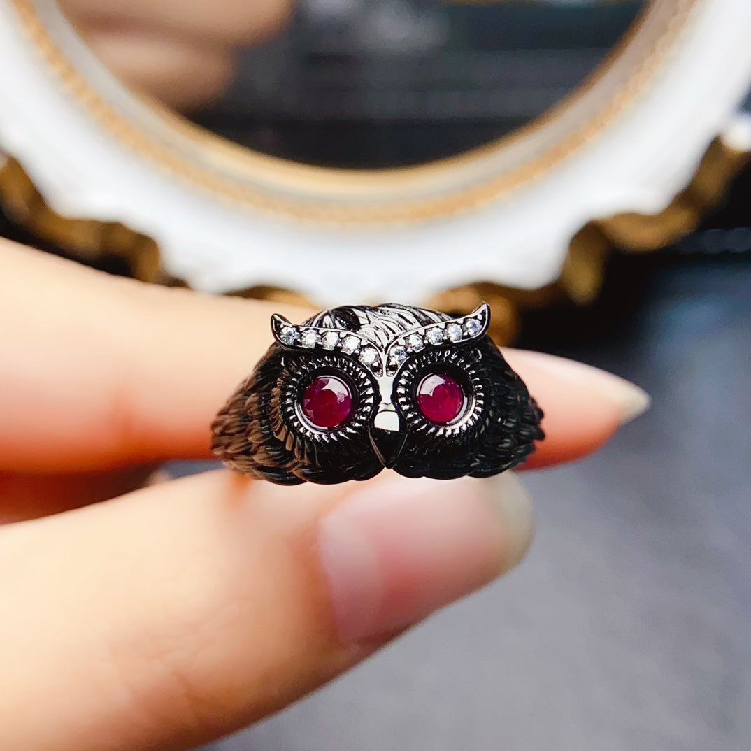Natural Ruby Owl Ring 3*3mm Black Rhodium Plated Cool Design High Clarity Pigeon Blood Red S925 Silver Setting Adjustable Open Ring Dark Style Ins Gift