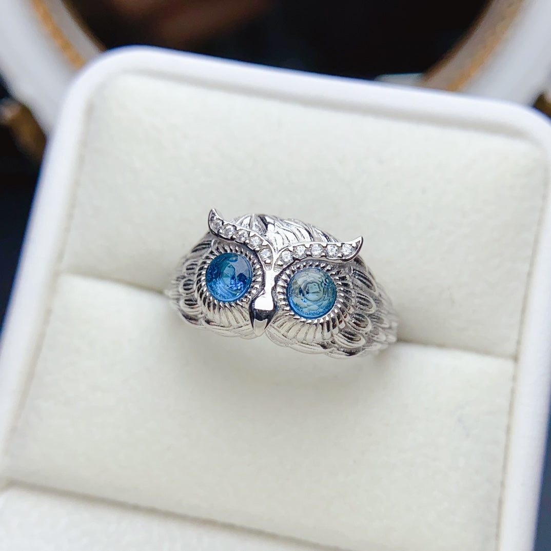 Natural Topaz Owl Ring 4*4mm London Blue Full Clean Intense Fire S925 Silver Setting Adjustable Open Ring Mystic Guardian Unique Design Dark Ins Style Gift