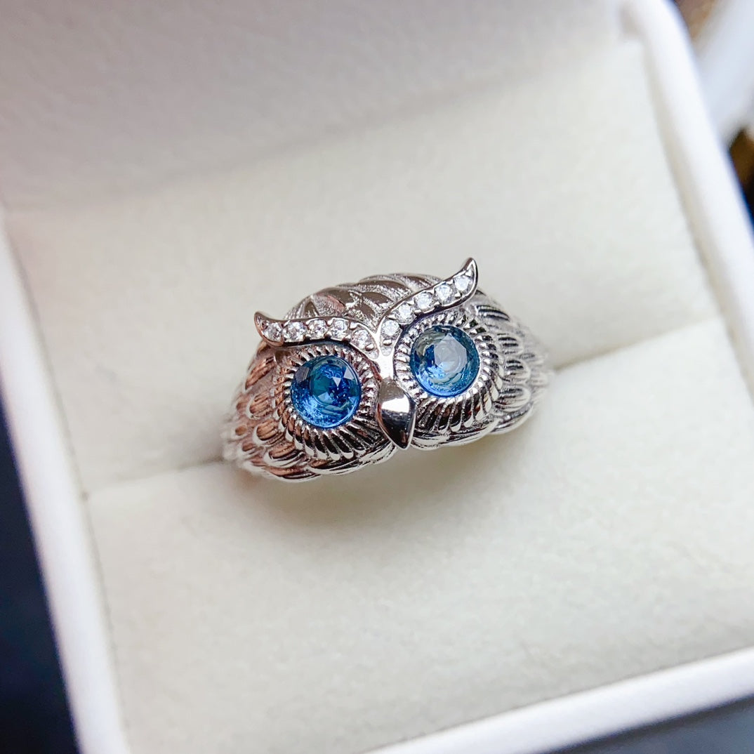 Natural Topaz Owl Ring 4*4mm London Blue Full Clean Intense Fire S925 Silver Setting Adjustable Open Ring Mystic Guardian Unique Design Dark Ins Style Gift