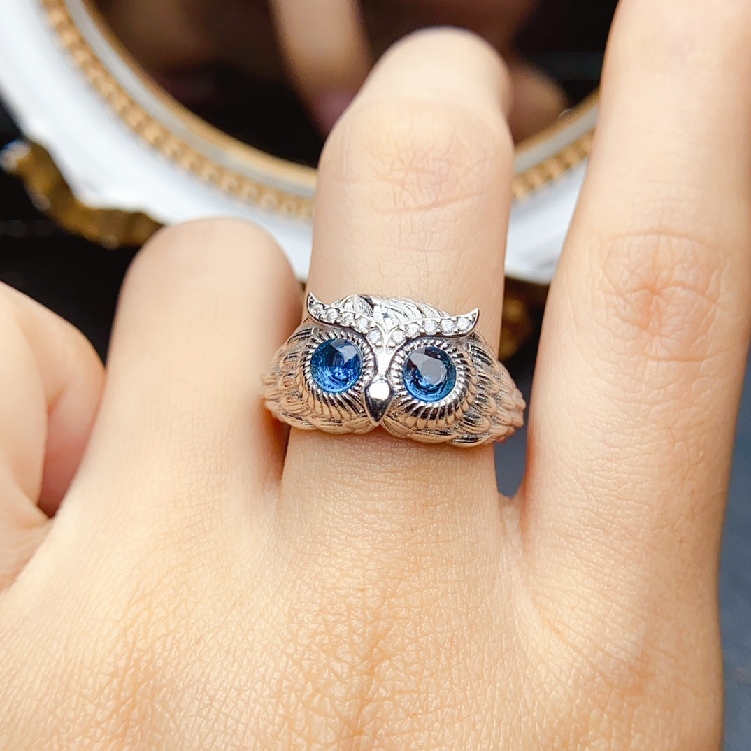 Natural Topaz Owl Ring 4*4mm London Blue Full Clean Intense Fire S925 Silver Setting Adjustable Open Ring Mystic Guardian Unique Design Dark Ins Style Gift