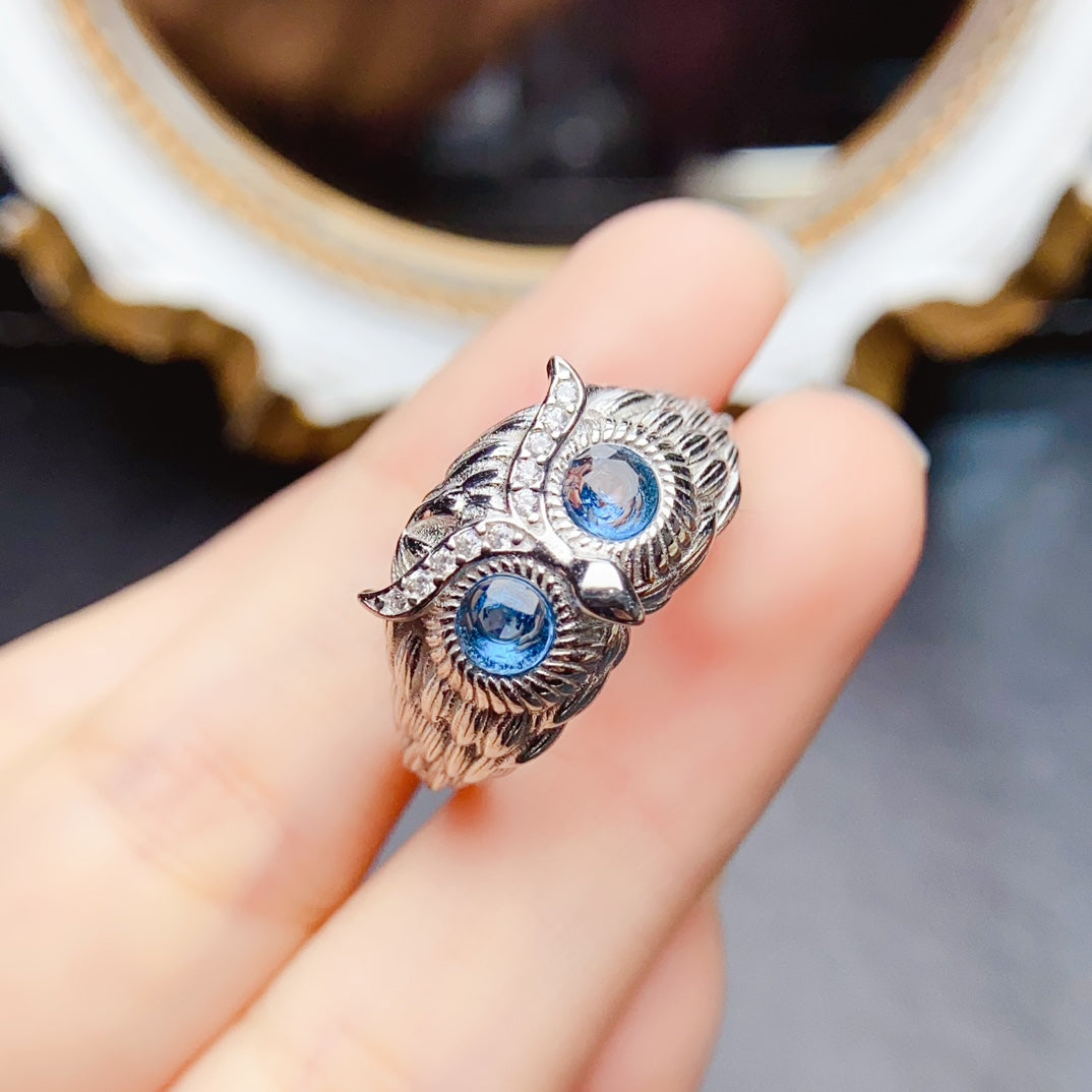 Natural Topaz Owl Ring 4*4mm London Blue Full Clean Intense Fire S925 Silver Setting Adjustable Open Ring Mystic Guardian Unique Design Dark Ins Style Gift