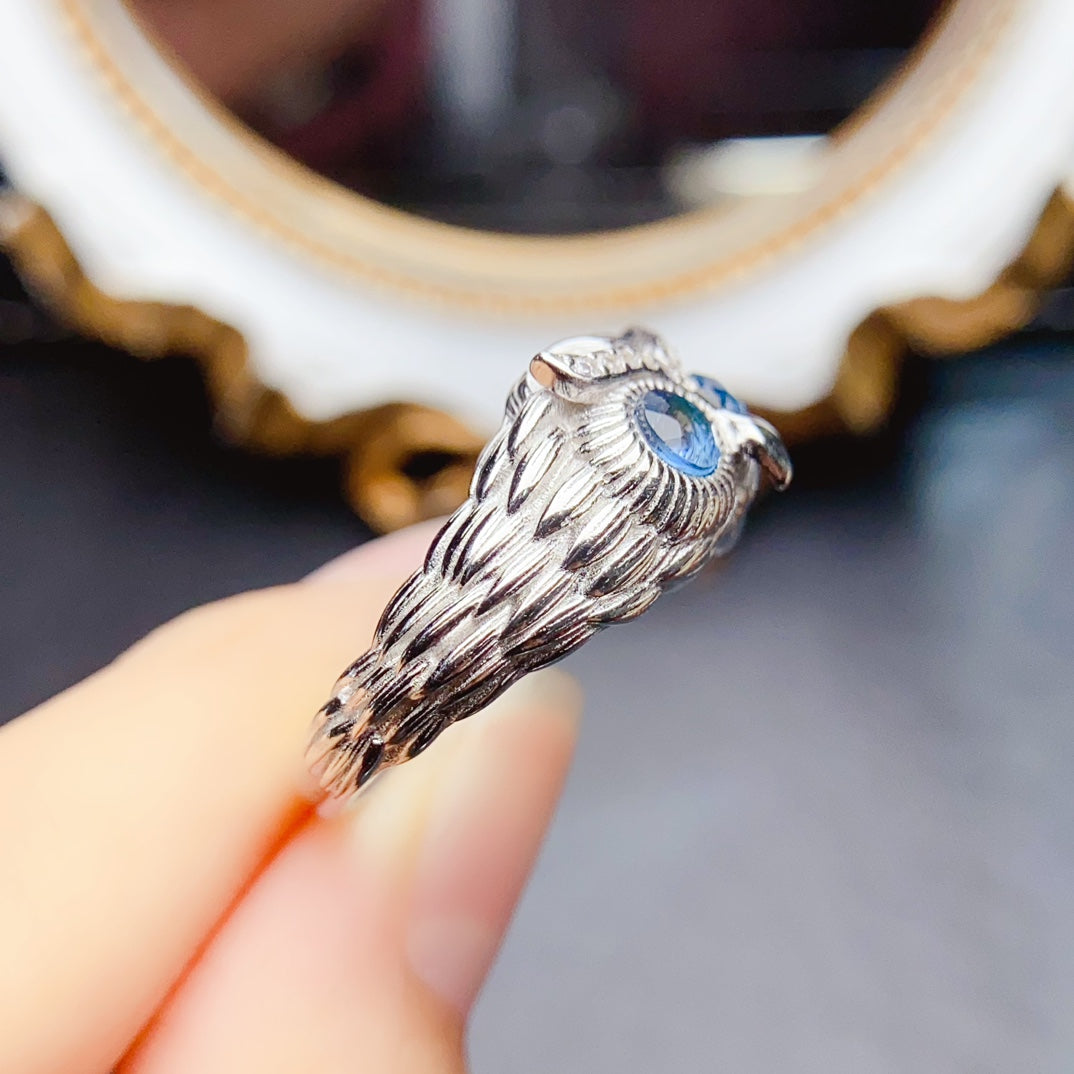 Natural Topaz Owl Ring 4*4mm London Blue Full Clean Intense Fire S925 Silver Setting Adjustable Open Ring Mystic Guardian Unique Design Dark Ins Style Gift