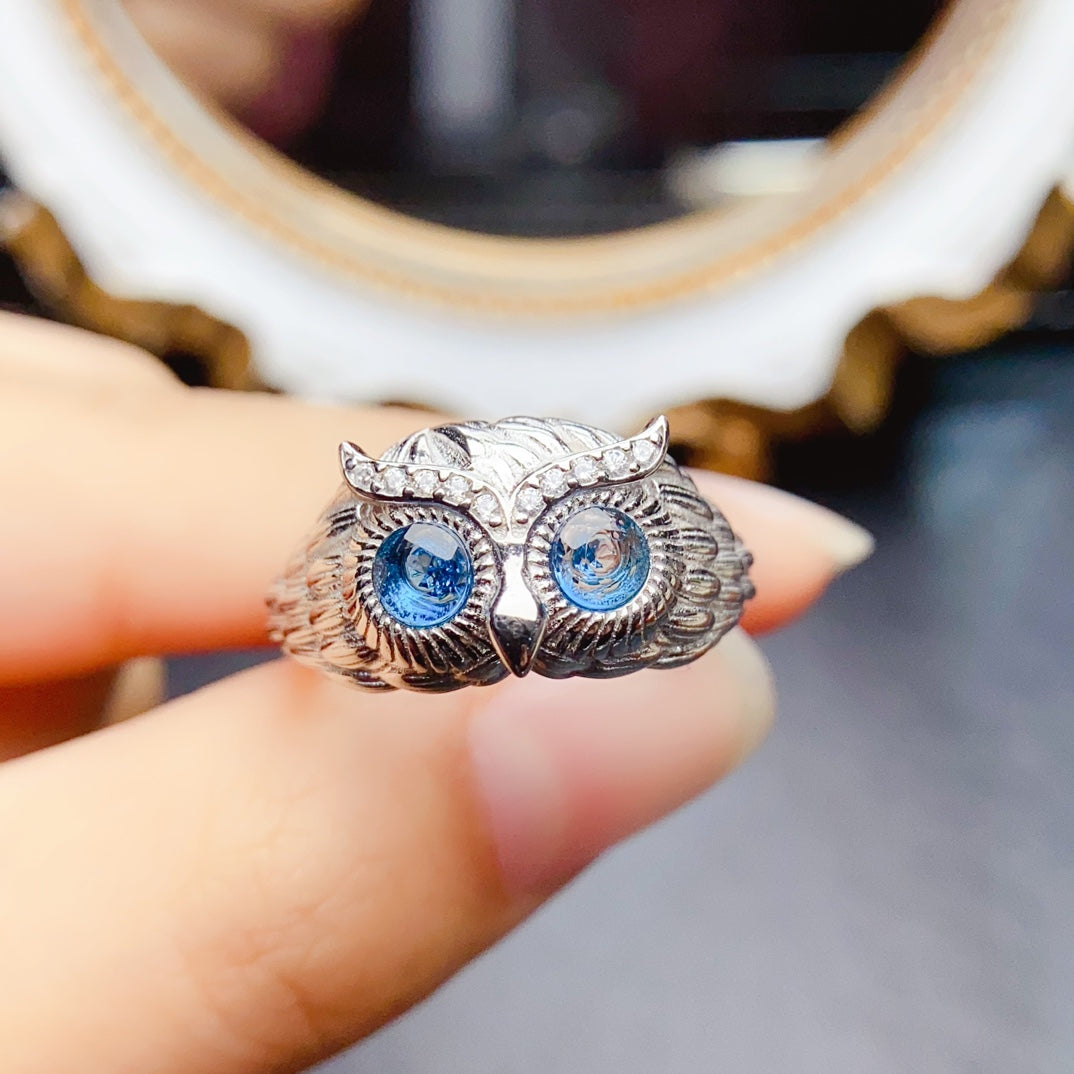 Natural Topaz Owl Ring 4*4mm London Blue Full Clean Intense Fire S925 Silver Setting Adjustable Open Ring Mystic Guardian Unique Design Dark Ins Style Gift