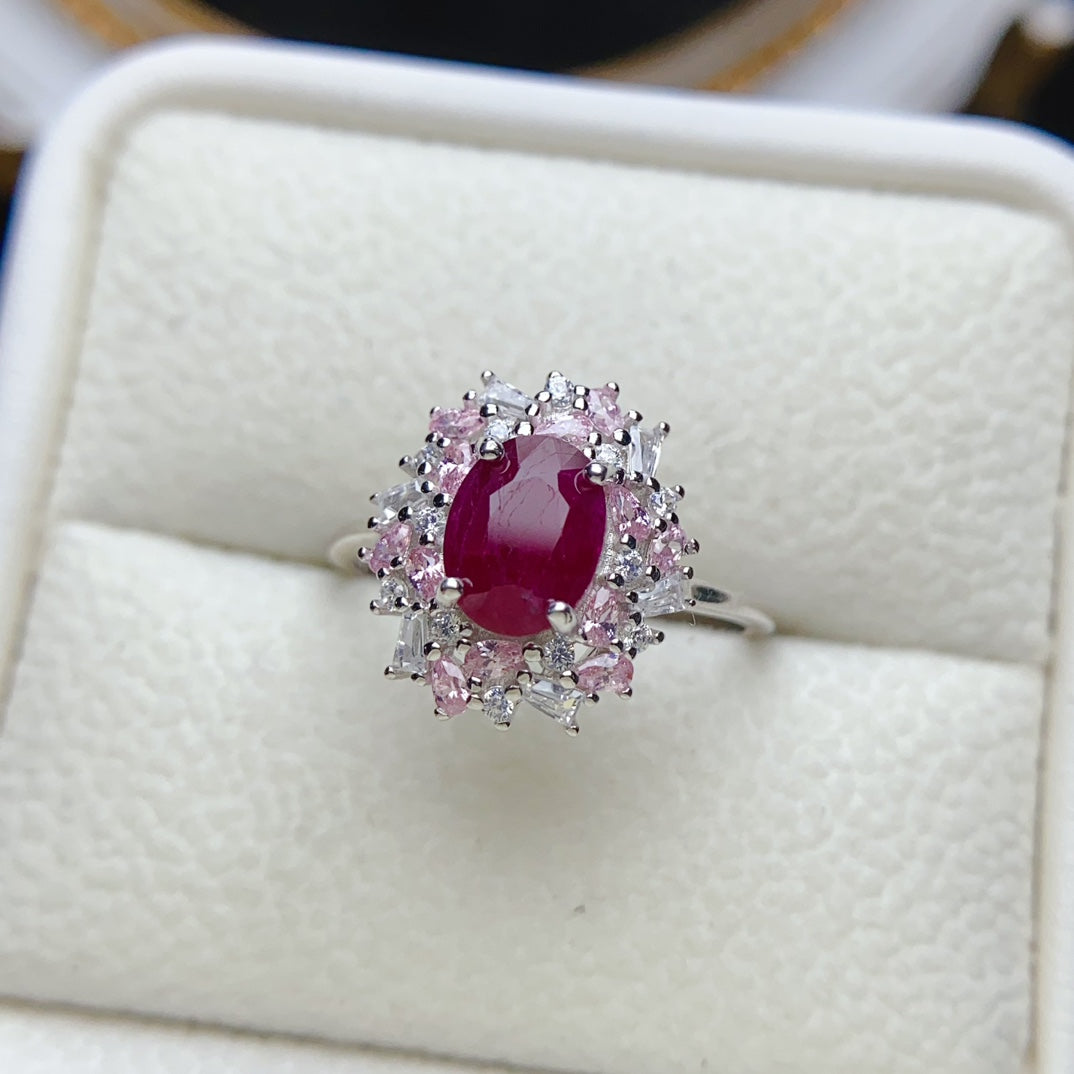 Natural Ruby Adjustable Ring 6*8mm Big Gem Simple Fashion Style High Clarity Pigeon Blood Red S925 Silver Setting Light Luxury Versatile Ins Style Gift