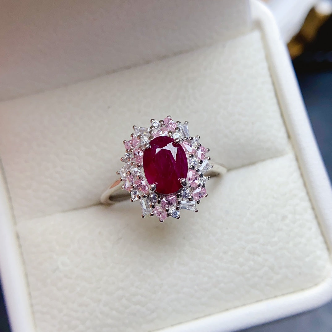 Natural Ruby Adjustable Ring 6*8mm Big Gem Simple Fashion Style High Clarity Pigeon Blood Red S925 Silver Setting Light Luxury Versatile Ins Style Gift