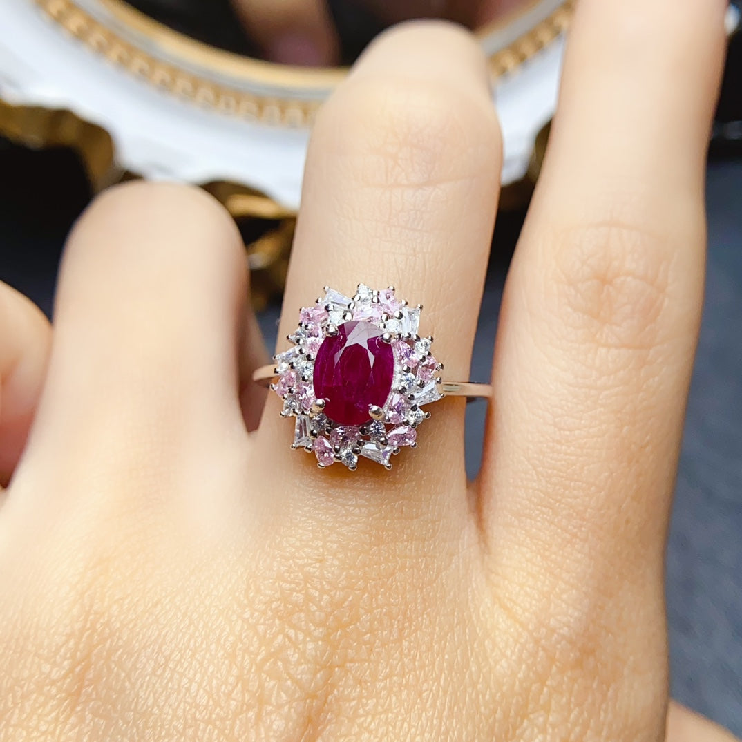 Natural Ruby Adjustable Ring 6*8mm Big Gem Simple Fashion Style High Clarity Pigeon Blood Red S925 Silver Setting Light Luxury Versatile Ins Style Gift