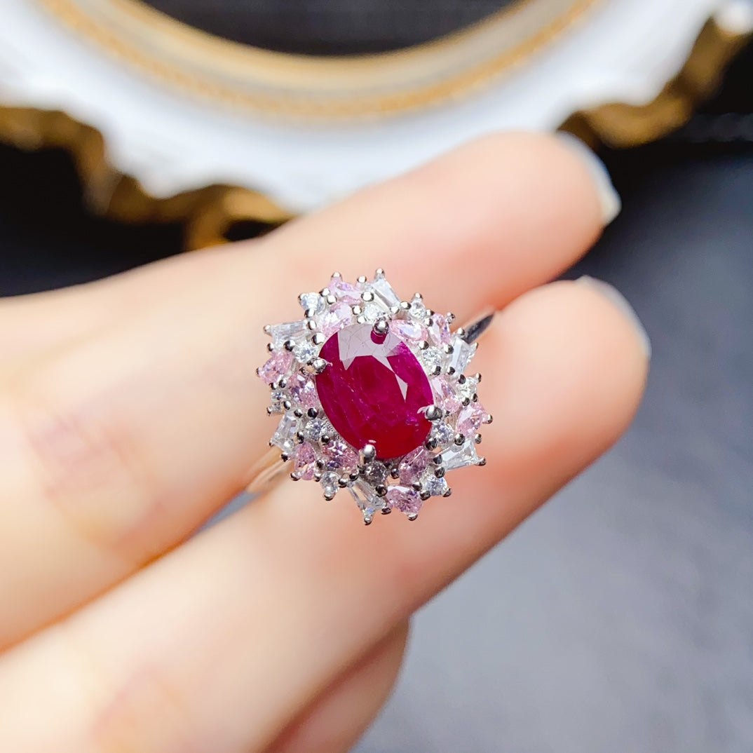 Natural Ruby Adjustable Ring 6*8mm Big Gem Simple Fashion Style High Clarity Pigeon Blood Red S925 Silver Setting Light Luxury Versatile Ins Style Gift