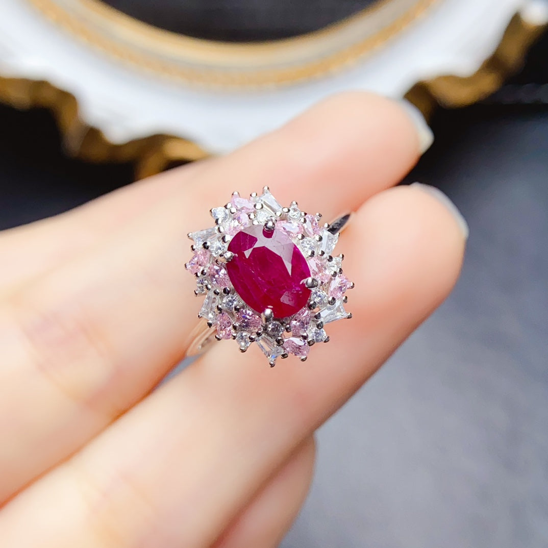Natural Ruby Adjustable Ring 6*8mm Big Gem Simple Fashion Style High Clarity Pigeon Blood Red S925 Silver Setting Light Luxury Versatile Ins Style Gift