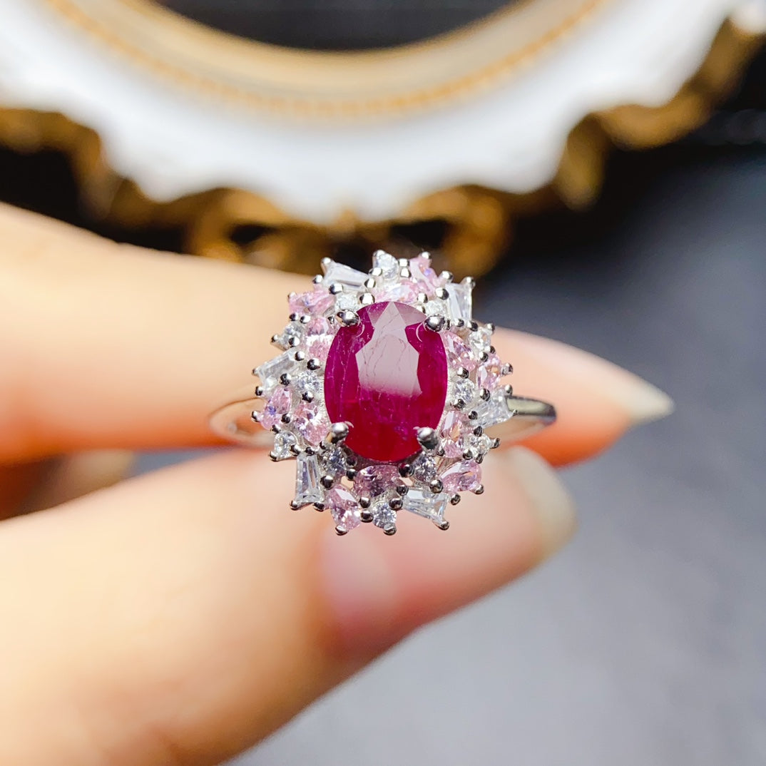 Natural Ruby Adjustable Ring 6*8mm Big Gem Simple Fashion Style High Clarity Pigeon Blood Red S925 Silver Setting Light Luxury Versatile Ins Style Gift
