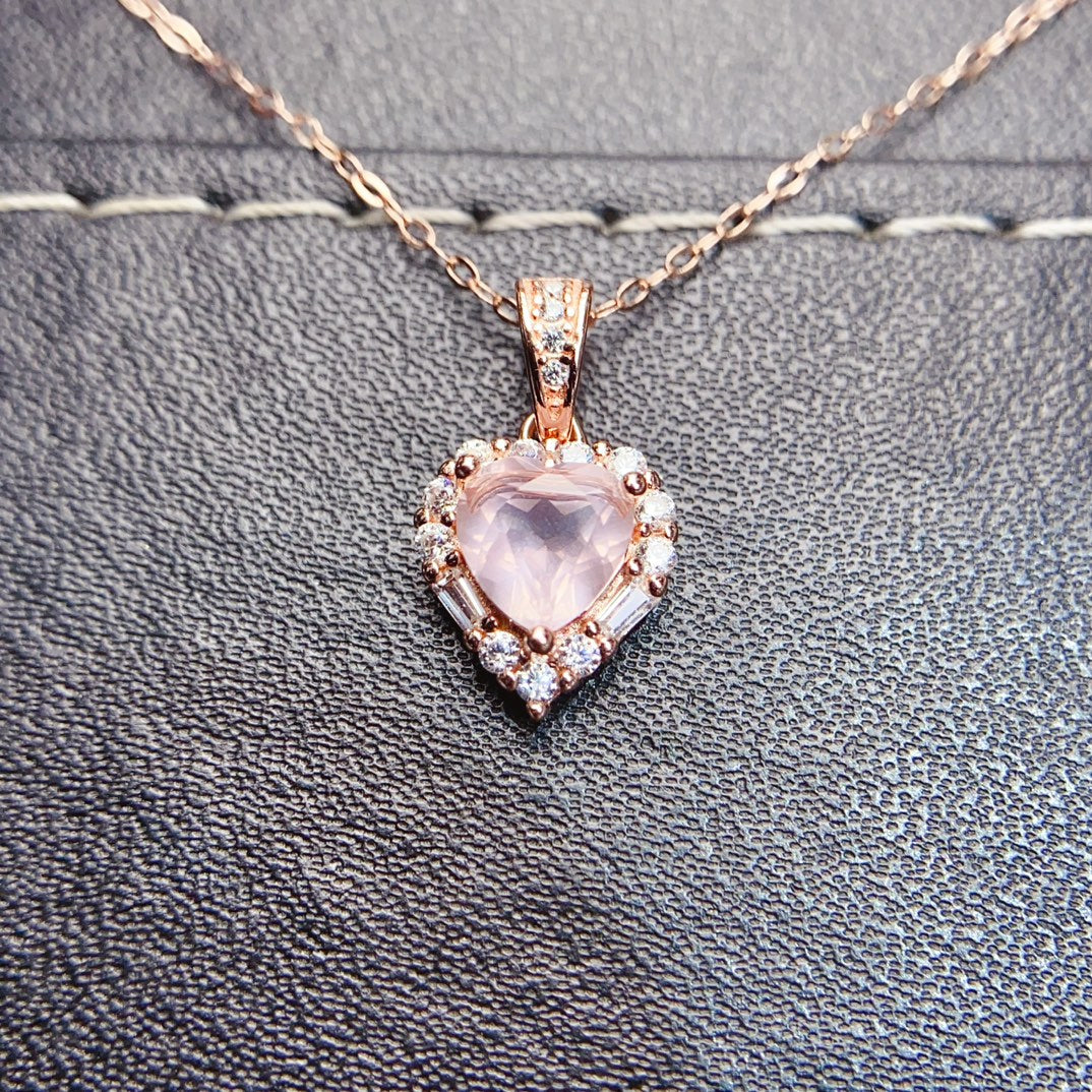 Natural Rose Quartz Heart Pendant 6*6mm S925 Silver Setting Simple Fashion Gentle Pink Full Clean Full Fire Light Luxury Versatile Choker Necklace Ins Style Gift