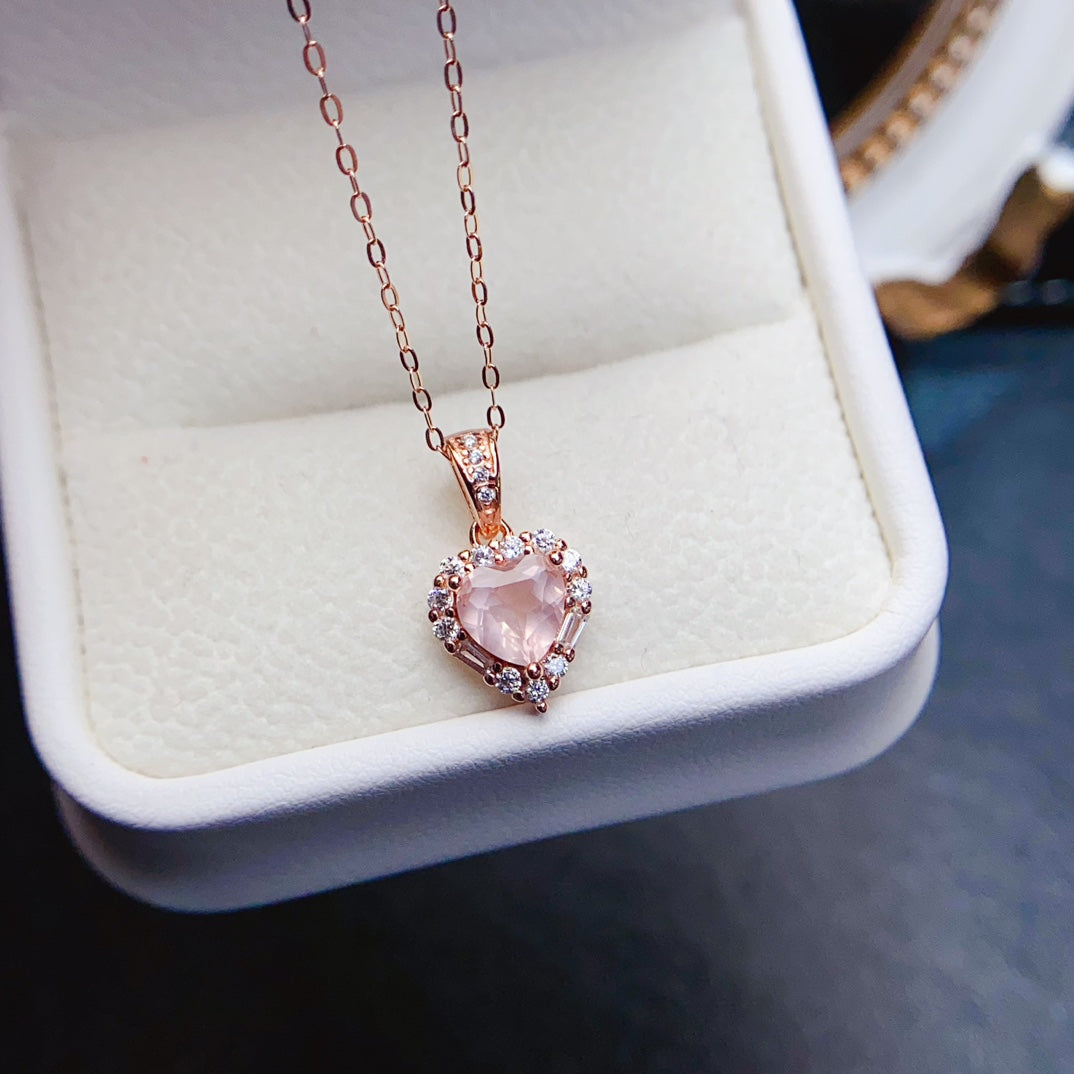 Natural Rose Quartz Heart Pendant 6*6mm S925 Silver Setting Simple Fashion Gentle Pink Full Clean Full Fire Light Luxury Versatile Choker Necklace Ins Style Gift
