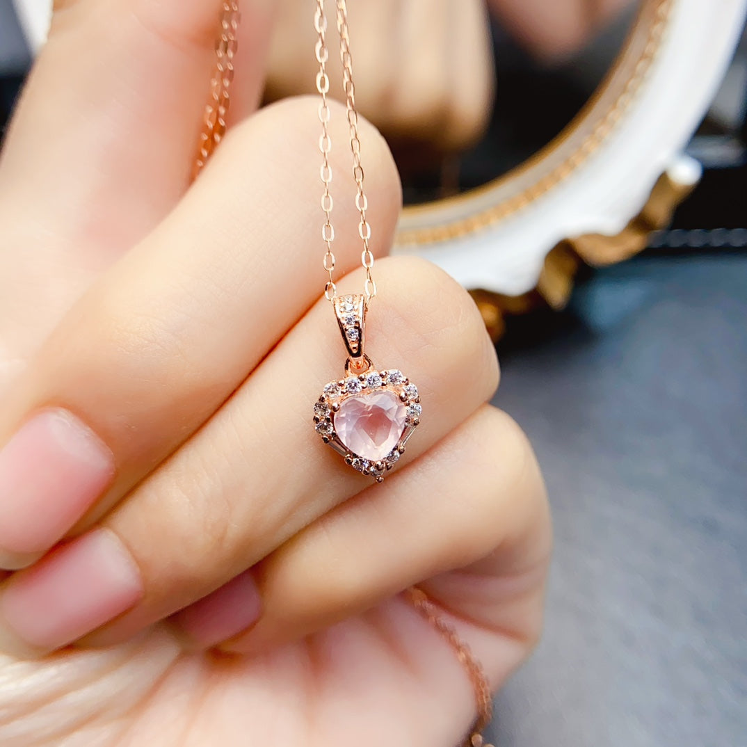 Natural Rose Quartz Heart Pendant 6*6mm S925 Silver Setting Simple Fashion Gentle Pink Full Clean Full Fire Light Luxury Versatile Choker Necklace Ins Style Gift