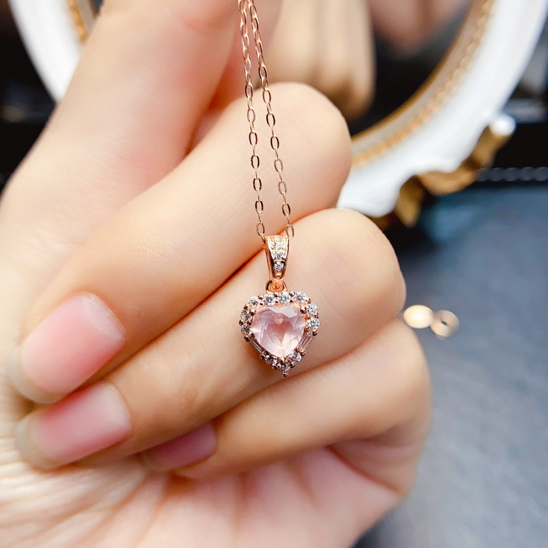 Natural Rose Quartz Heart Pendant 6*6mm S925 Silver Setting Simple Fashion Gentle Pink Full Clean Full Fire Light Luxury Versatile Choker Necklace Ins Style Gift