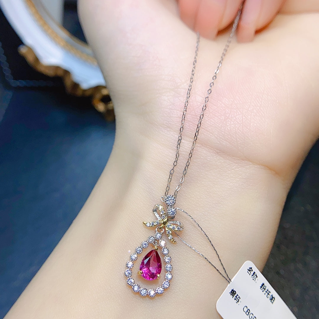 Natural Pink Topaz Butterfly Teardrop Pendant 5*7mm Full Clean Full Fire S925 Silver Setting Dreamy Pink Light Luxury Design Versatile Choker Necklace Ins Style Gift