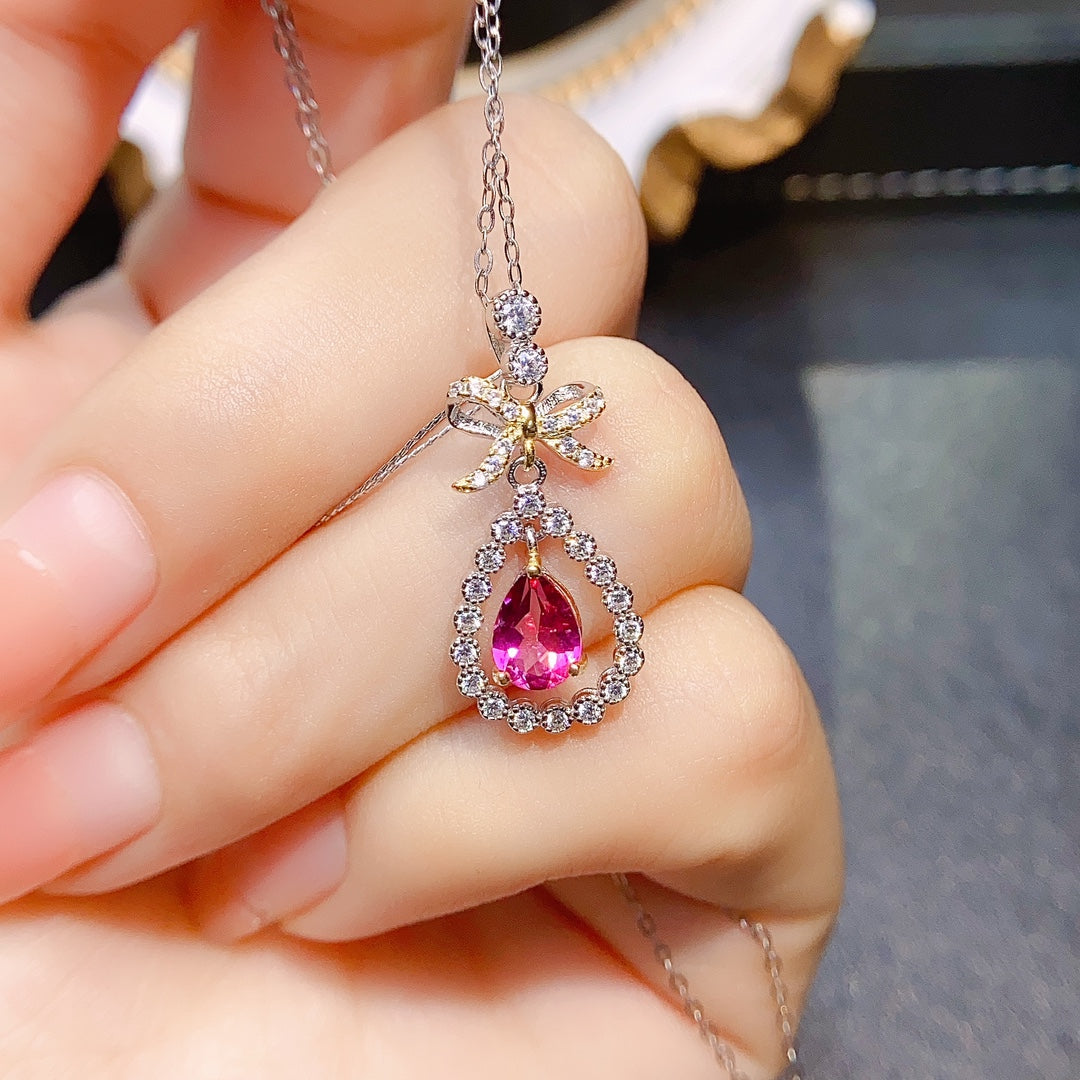 Natural Pink Topaz Butterfly Teardrop Pendant 5*7mm Full Clean Full Fire S925 Silver Setting Dreamy Pink Light Luxury Design Versatile Choker Necklace Ins Style Gift