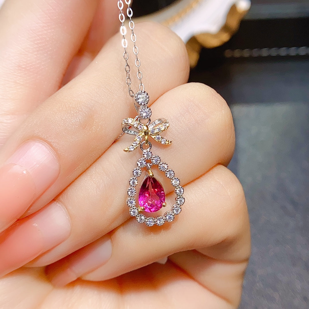 Natural Pink Topaz Butterfly Teardrop Pendant 5*7mm Full Clean Full Fire S925 Silver Setting Dreamy Pink Light Luxury Design Versatile Choker Necklace Ins Style Gift