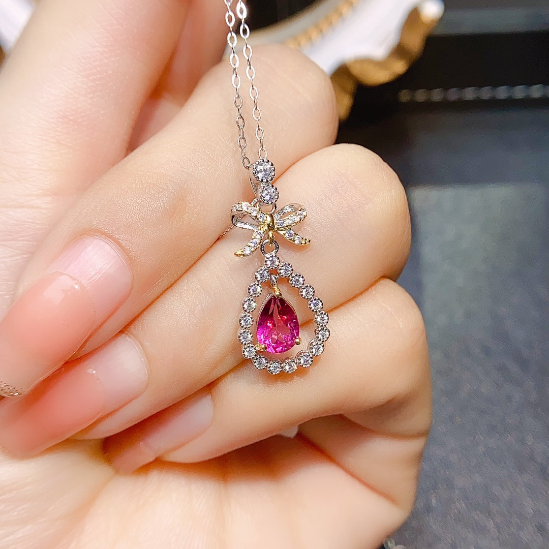 Natural Pink Topaz Butterfly Teardrop Pendant 5*7mm Full Clean Full Fire S925 Silver Setting Dreamy Pink Light Luxury Design Versatile Choker Necklace Ins Style Gift