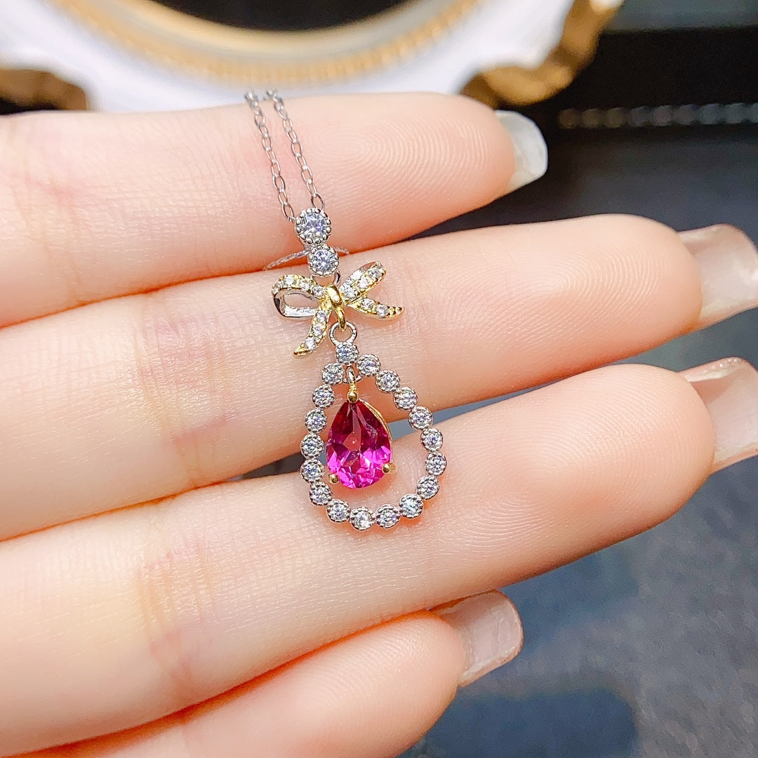 Natural Pink Topaz Butterfly Teardrop Pendant 5*7mm Full Clean Full Fire S925 Silver Setting Dreamy Pink Light Luxury Design Versatile Choker Necklace Ins Style Gift