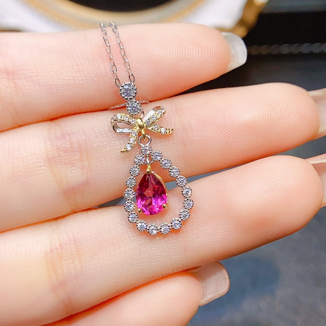 Natural Pink Topaz Butterfly Teardrop Pendant 5*7mm Full Clean Full Fire S925 Silver Setting Dreamy Pink Light Luxury Design Versatile Choker Necklace Ins Style Gift