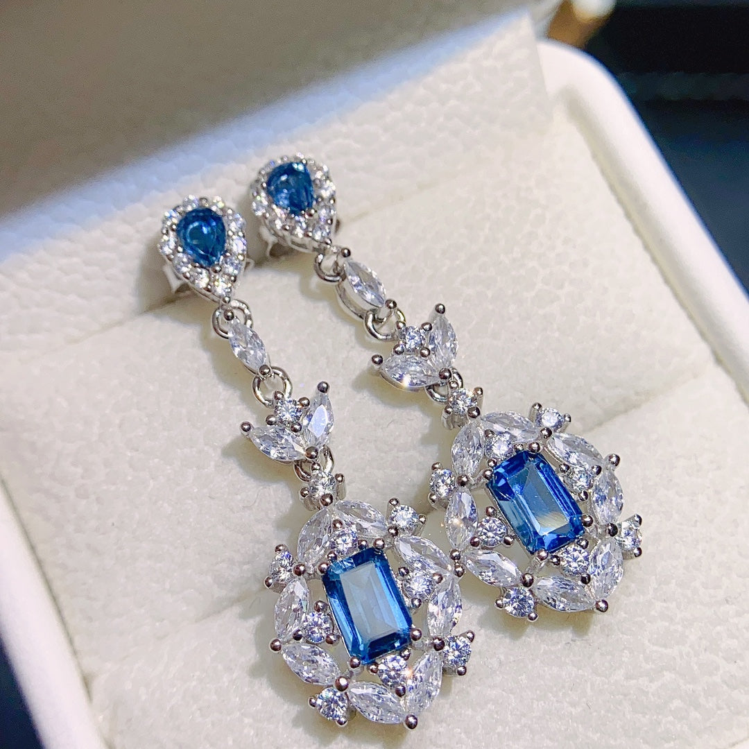 Natural Topaz Earrings Ear Drop 2-in-1 56+34mm London Blue/White Full Fire Full Clean S925 Silver Setting Light Luxury Minimalist Versatile Ins Style Gift