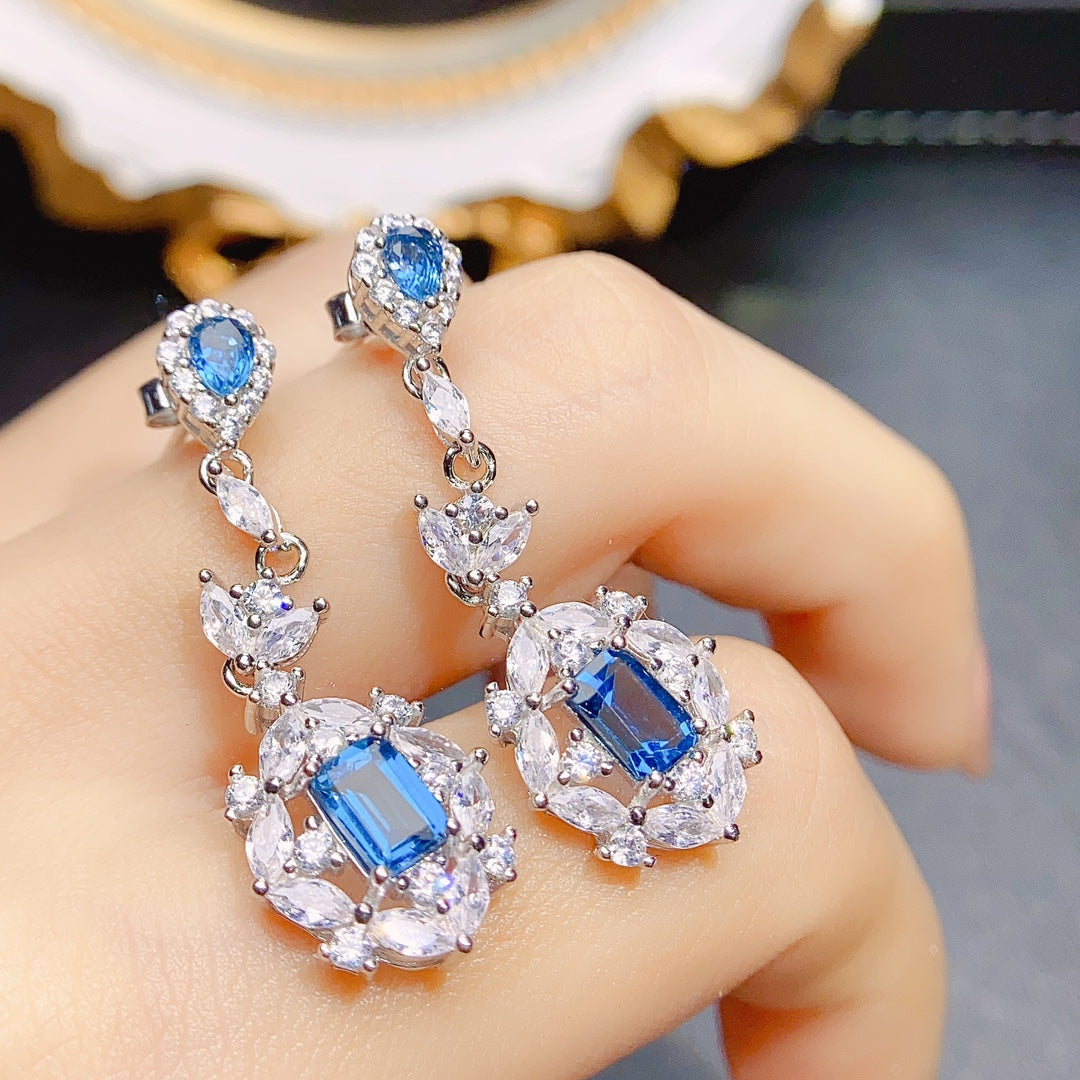 Natural Topaz Earrings Ear Drop 2-in-1 56+34mm London Blue/White Full Fire Full Clean S925 Silver Setting Light Luxury Minimalist Versatile Ins Style Gift