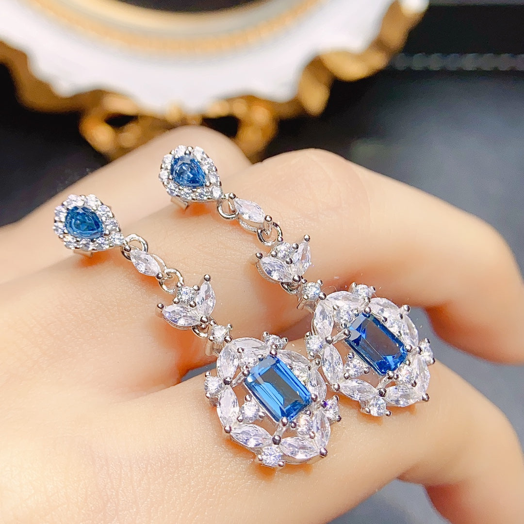Natural Topaz Earrings Ear Drop 2-in-1 56+34mm London Blue/White Full Fire Full Clean S925 Silver Setting Light Luxury Minimalist Versatile Ins Style Gift
