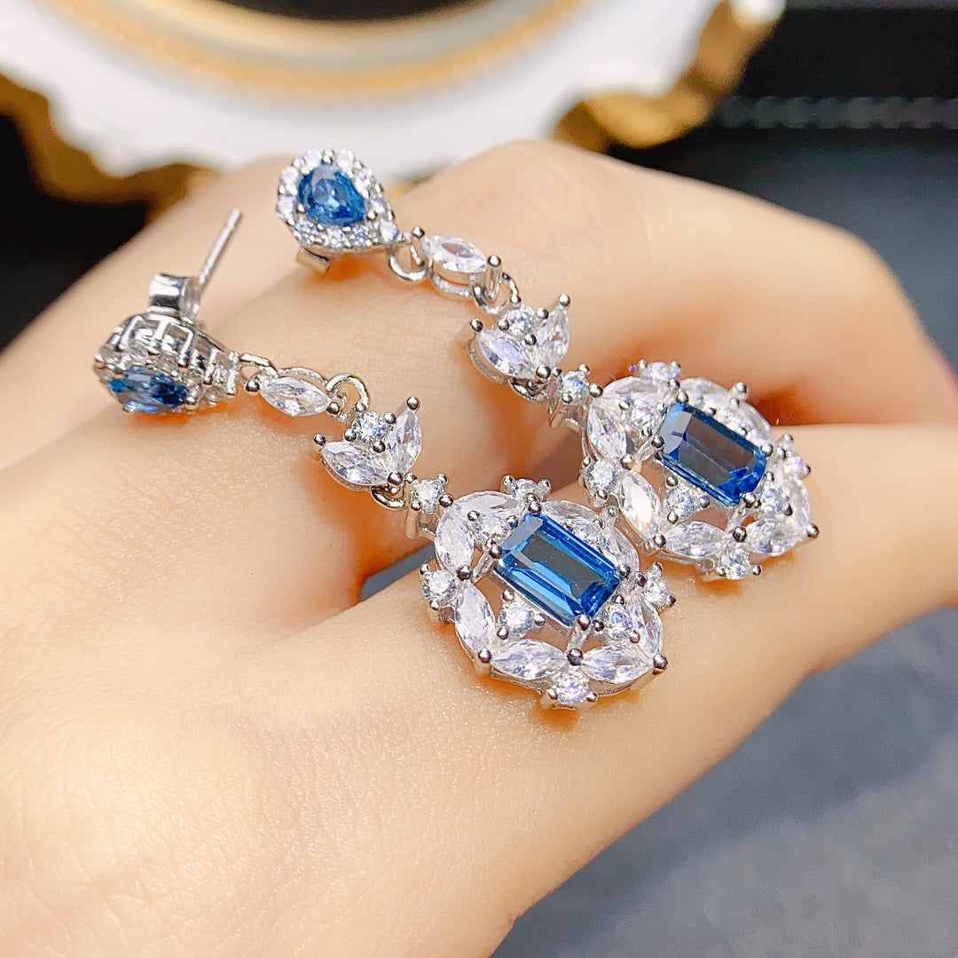 Natural Topaz Earrings Ear Drop 2-in-1 56+34mm London Blue/White Full Fire Full Clean S925 Silver Setting Light Luxury Minimalist Versatile Ins Style Gift