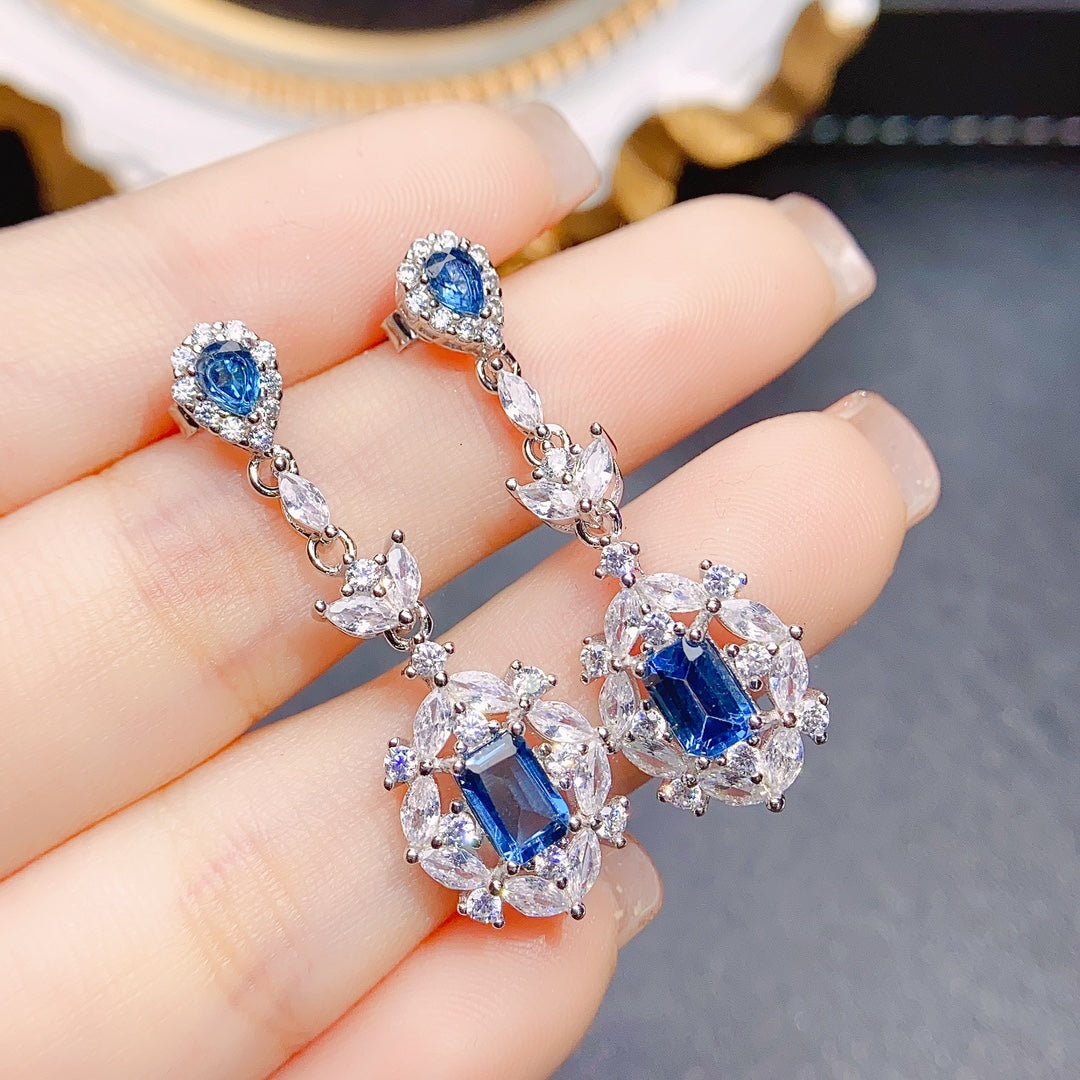 Natural Topaz Earrings Ear Drop 2-in-1 56+34mm London Blue/White Full Fire Full Clean S925 Silver Setting Light Luxury Minimalist Versatile Ins Style Gift