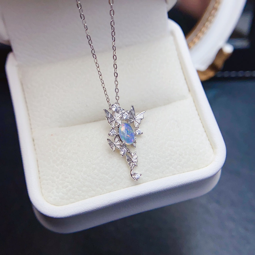 Natural Opal Butterfly Pendant 4*6mm Play-of-Color S925 Silver Setting Elegant Design Simple Light Luxury Versatile Choker Necklace Ins Style Gift