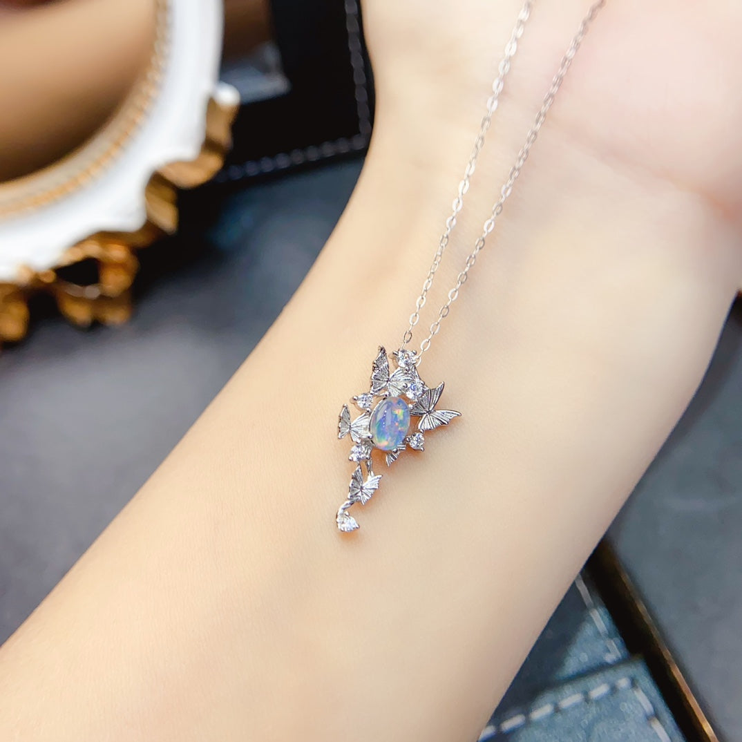 Natural Opal Butterfly Pendant 4*6mm Play-of-Color S925 Silver Setting Elegant Design Simple Light Luxury Versatile Choker Necklace Ins Style Gift