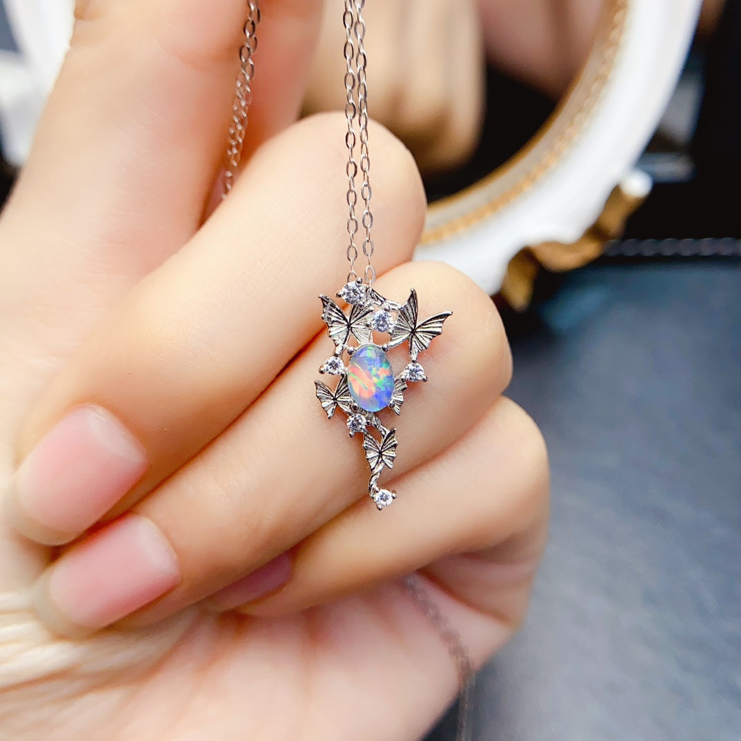 Natural Opal Butterfly Pendant 4*6mm Play-of-Color S925 Silver Setting Elegant Design Simple Light Luxury Versatile Choker Necklace Ins Style Gift
