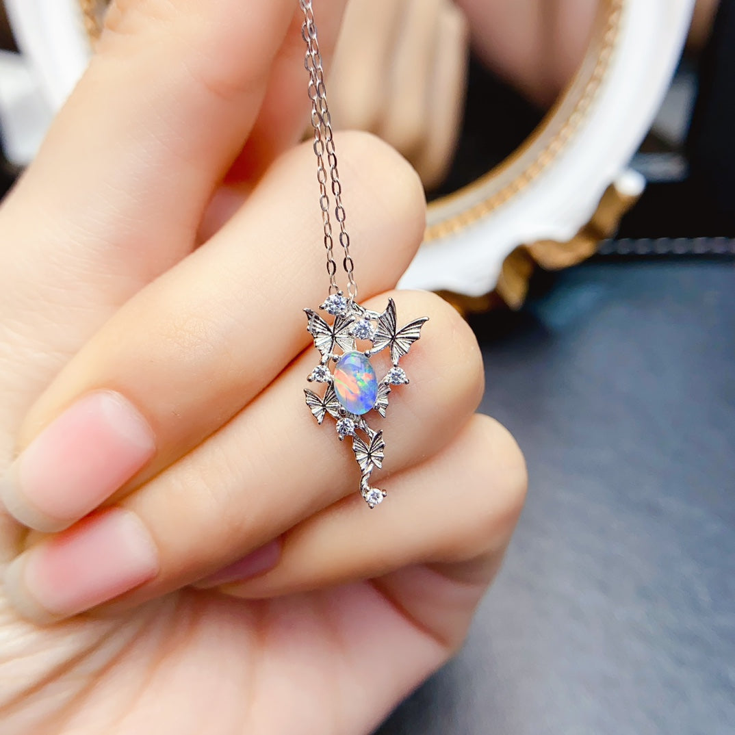 Natural Opal Butterfly Pendant 4*6mm Play-of-Color S925 Silver Setting Elegant Design Simple Light Luxury Versatile Choker Necklace Ins Style Gift