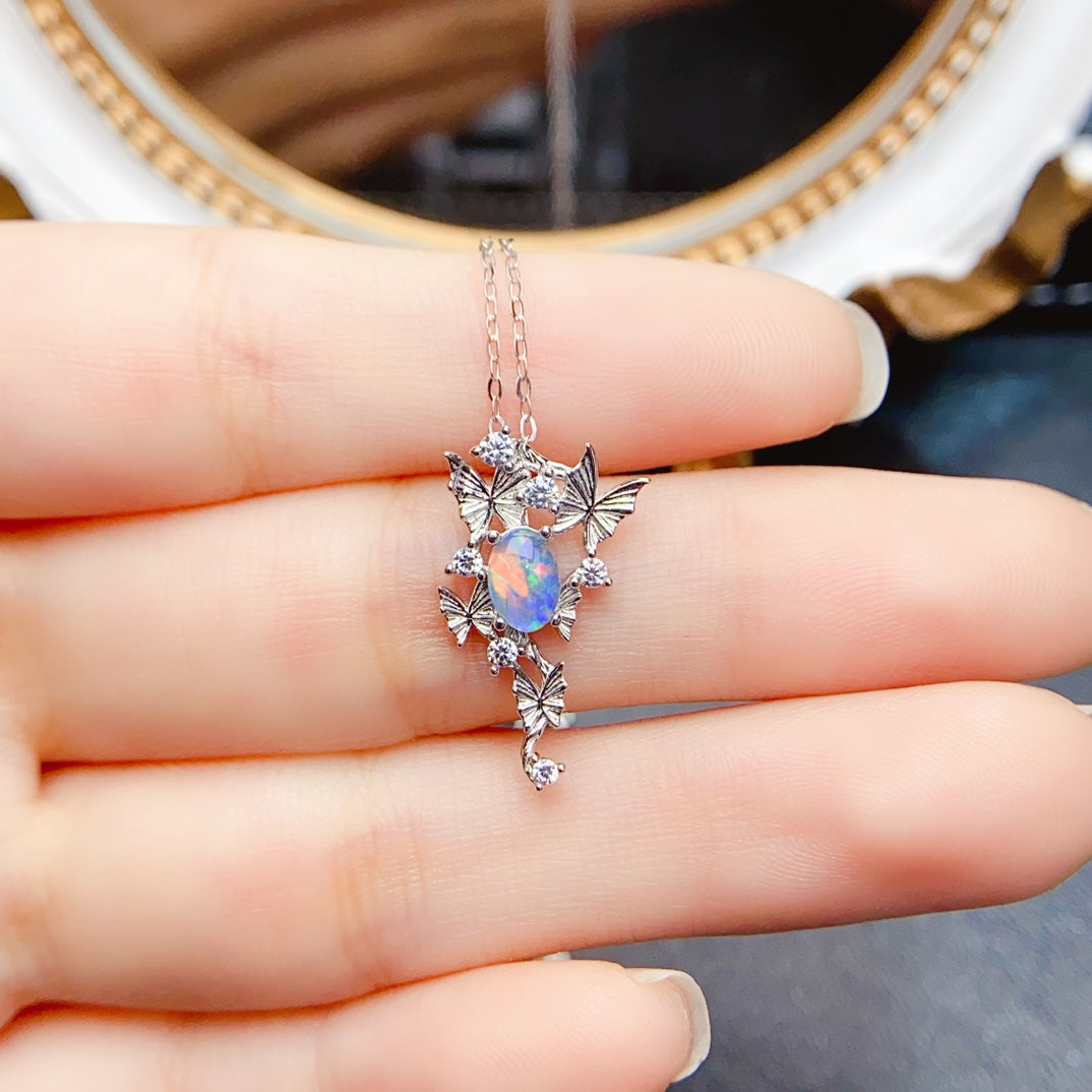 Natural Opal Butterfly Pendant 4*6mm Play-of-Color S925 Silver Setting Elegant Design Simple Light Luxury Versatile Choker Necklace Ins Style Gift