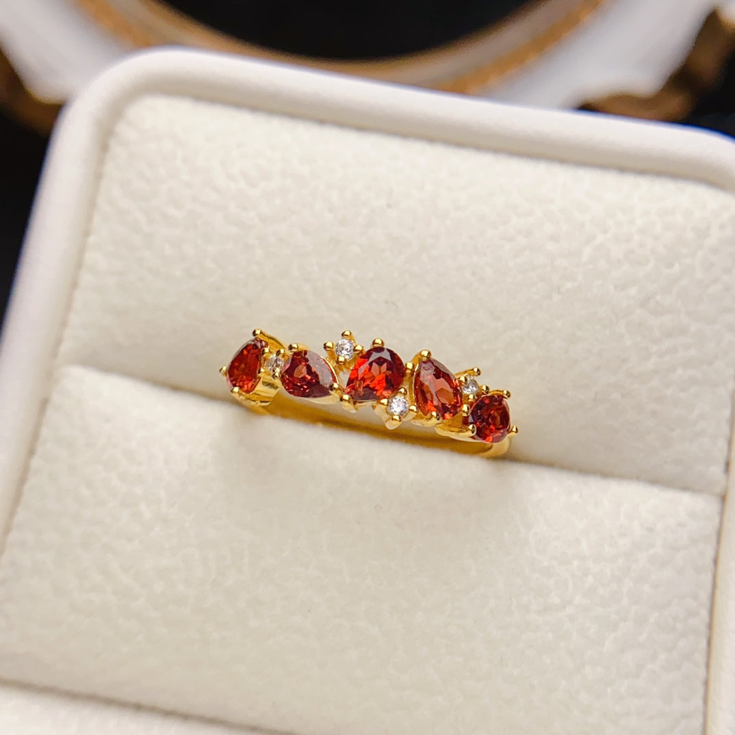 Natural Garnet Eternity Band Ring 3*4mm Gold-Plated Look High Clarity Full Fire S925 Silver Setting Adjustable Open Ring Simple Fashion Versatile Ins Style Gift