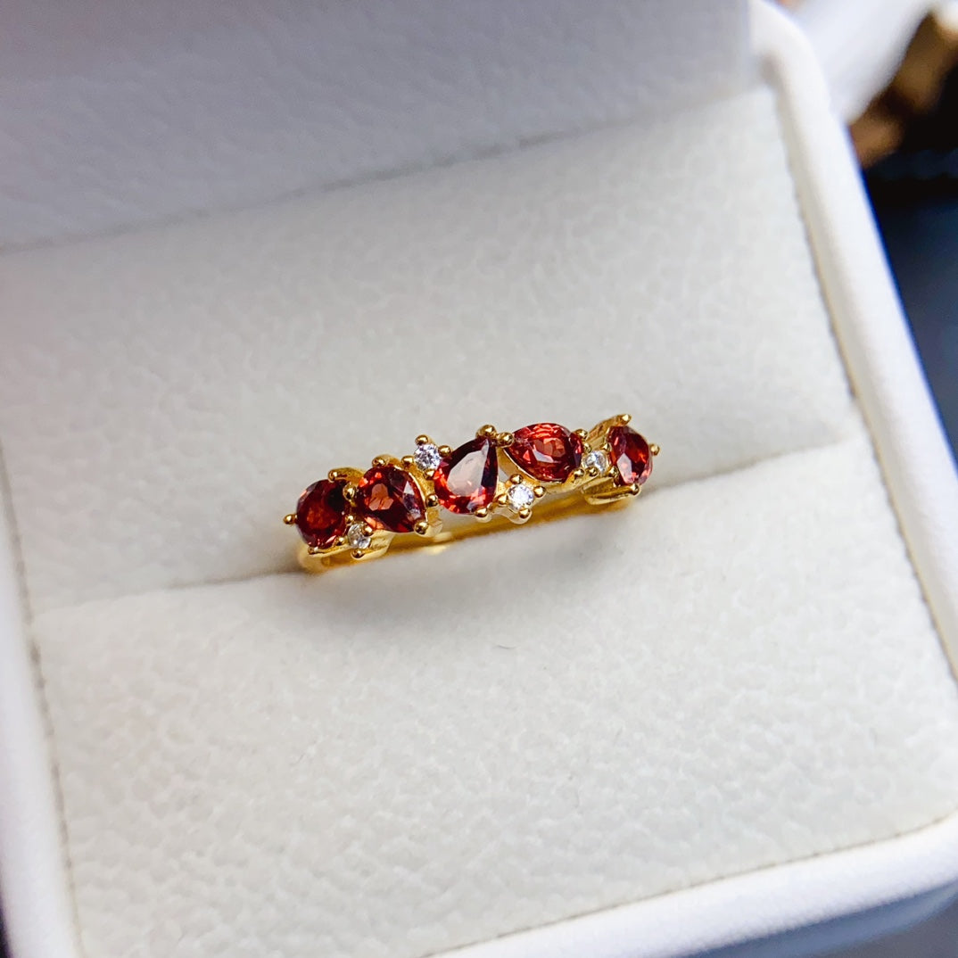 Natural Garnet Eternity Band Ring 3*4mm Gold-Plated Look High Clarity Full Fire S925 Silver Setting Adjustable Open Ring Simple Fashion Versatile Ins Style Gift