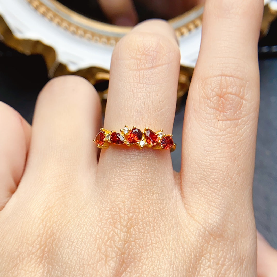 Natural Garnet Eternity Band Ring 3*4mm Gold-Plated Look High Clarity Full Fire S925 Silver Setting Adjustable Open Ring Simple Fashion Versatile Ins Style Gift