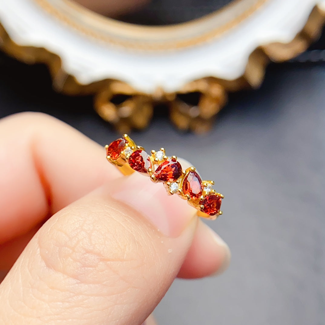 Natural Garnet Eternity Band Ring 3*4mm Gold-Plated Look High Clarity Full Fire S925 Silver Setting Adjustable Open Ring Simple Fashion Versatile Ins Style Gift