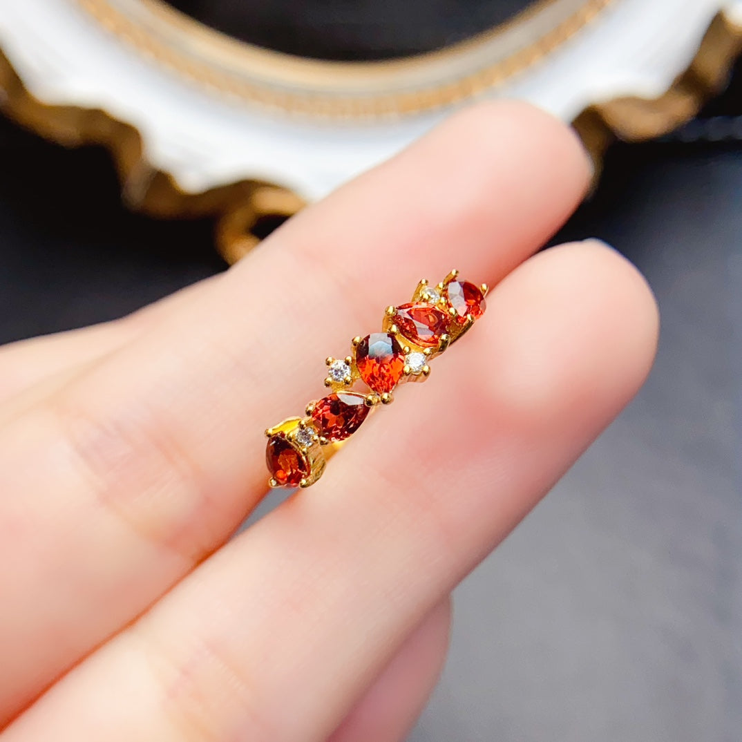 Natural Garnet Eternity Band Ring 3*4mm Gold-Plated Look High Clarity Full Fire S925 Silver Setting Adjustable Open Ring Simple Fashion Versatile Ins Style Gift