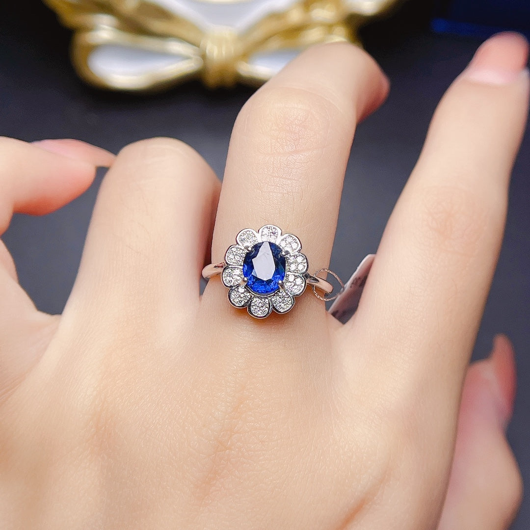 Natural Sapphire Adjustable Ring 6*8mm Big Gem 925 Silver Plated 18K White Gold/Rose Gold Two-Tone Setting High Clarity Full Fire Simple Light Luxury Versatile Ins Style Gift 💍