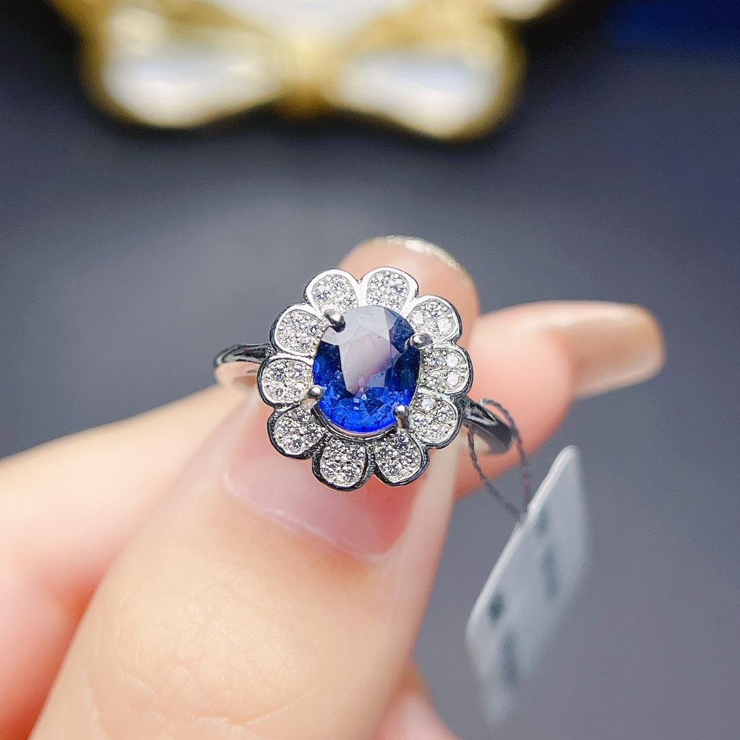 Natural Sapphire Adjustable Ring 6*8mm Big Gem 925 Silver Plated 18K White Gold/Rose Gold Two-Tone Setting High Clarity Full Fire Simple Light Luxury Versatile Ins Style Gift 💍