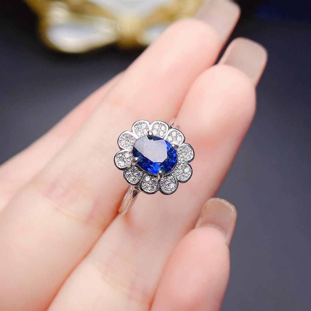 Natural Sapphire Adjustable Ring 6*8mm Big Gem 925 Silver Plated 18K White Gold/Rose Gold Two-Tone Setting High Clarity Full Fire Simple Light Luxury Versatile Ins Style Gift 💍
