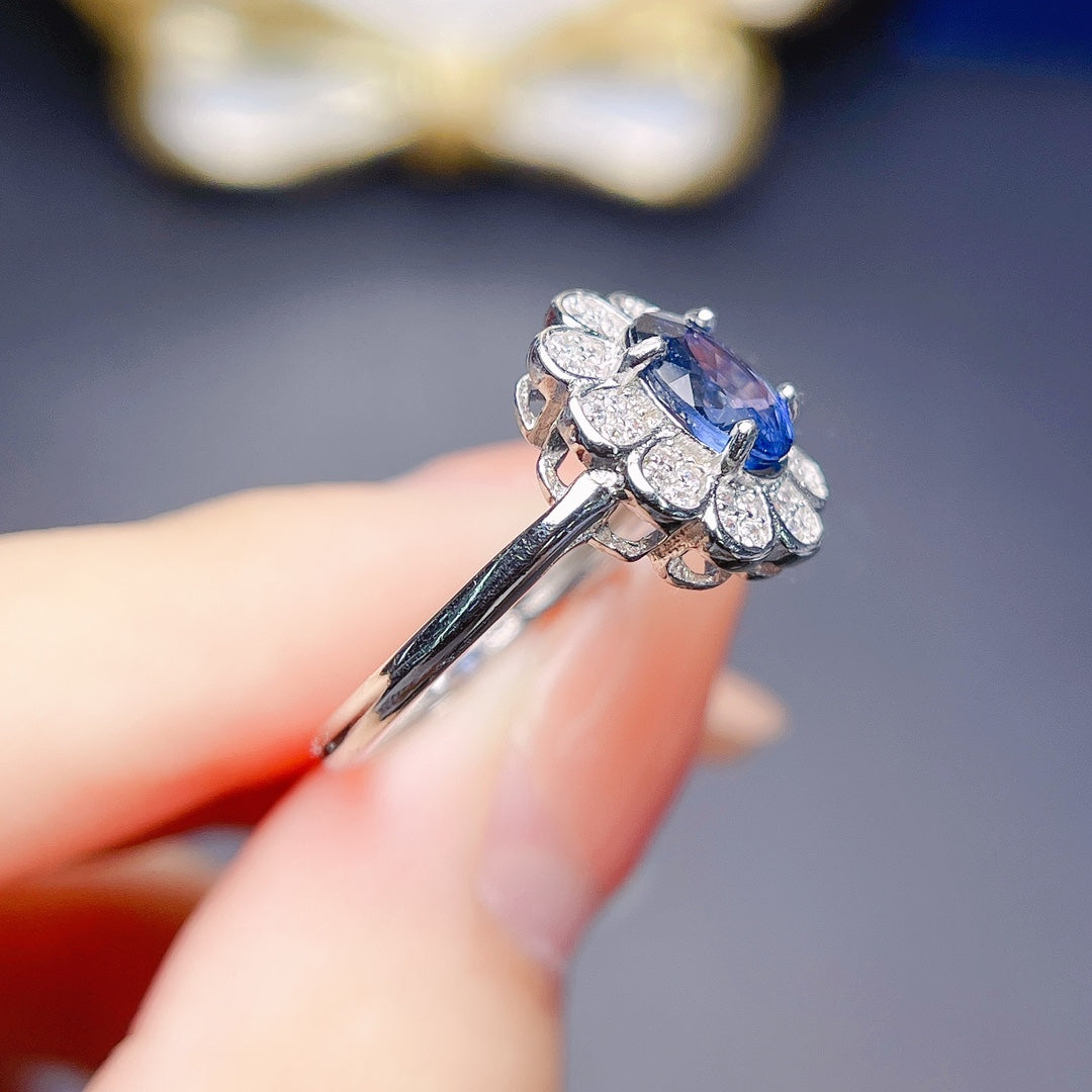 Natural Sapphire Adjustable Ring 6*8mm Big Gem 925 Silver Plated 18K White Gold/Rose Gold Two-Tone Setting High Clarity Full Fire Simple Light Luxury Versatile Ins Style Gift 💍