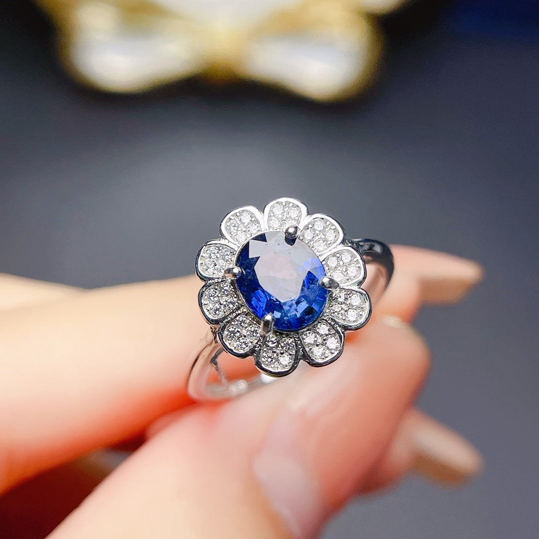 Natural Sapphire Adjustable Ring 6*8mm Big Gem 925 Silver Plated 18K White Gold/Rose Gold Two-Tone Setting High Clarity Full Fire Simple Light Luxury Versatile Ins Style Gift 💍