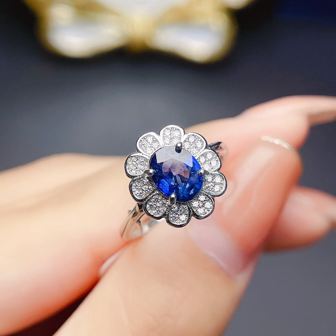 Natural Sapphire Adjustable Ring 6*8mm Big Gem 925 Silver Plated 18K White Gold/Rose Gold Two-Tone Setting High Clarity Full Fire Simple Light Luxury Versatile Ins Style Gift 💍