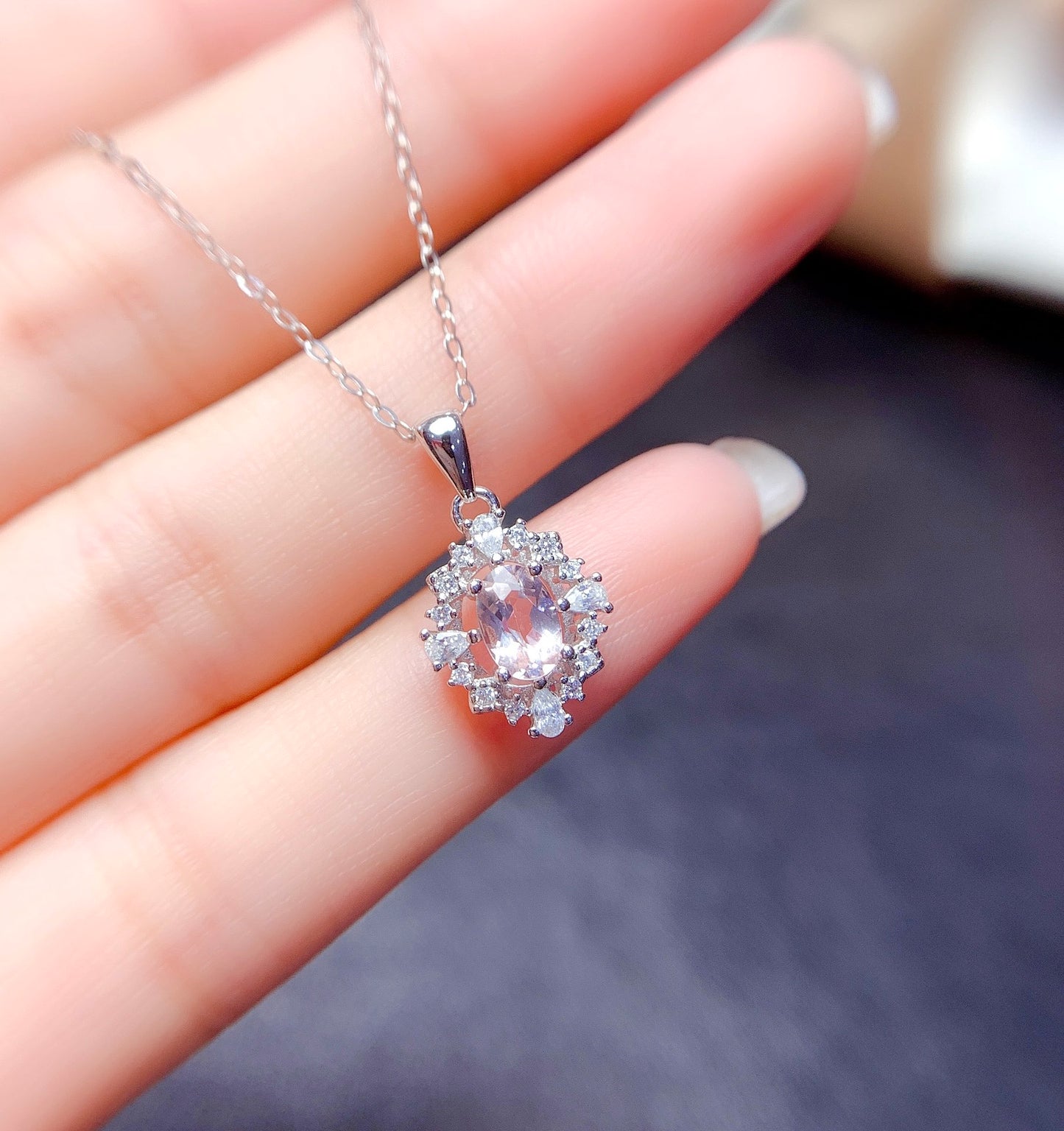 Natural Morganite Set Earrings+Necklace 4*6mm High Clarity Full Clean Fresh Peach Pink S925 Silver Setting Simple Light Luxury Versatile Ins Style Gift