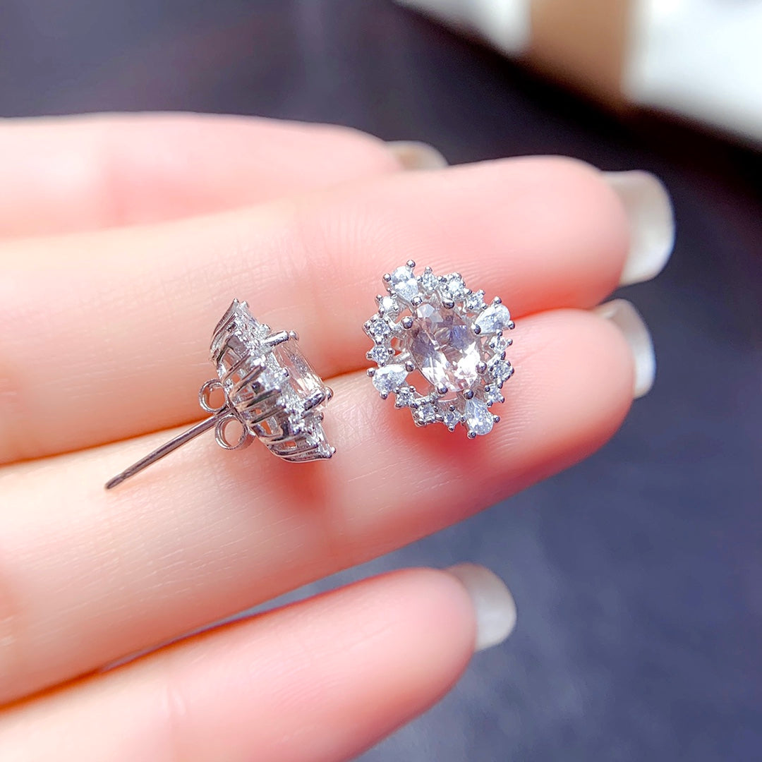 Natural Morganite Set Earrings+Necklace 4*6mm High Clarity Full Clean Fresh Peach Pink S925 Silver Setting Simple Light Luxury Versatile Ins Style Gift
