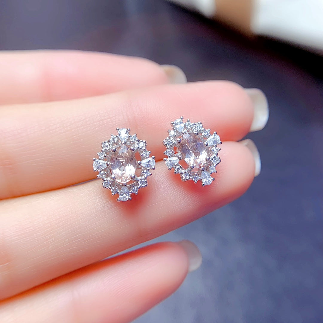 Natural Morganite Set Earrings+Necklace 4*6mm High Clarity Full Clean Fresh Peach Pink S925 Silver Setting Simple Light Luxury Versatile Ins Style Gift