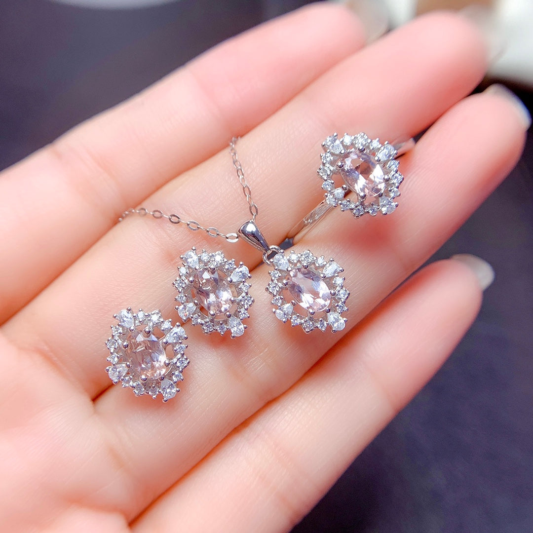 Natural Morganite Set Earrings+Necklace 4*6mm High Clarity Full Clean Fresh Peach Pink S925 Silver Setting Simple Light Luxury Versatile Ins Style Gift