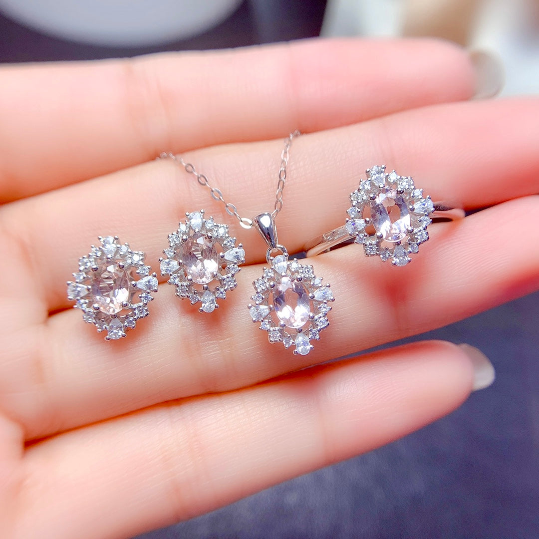 Natural Morganite Set Earrings+Necklace 4*6mm High Clarity Full Clean Fresh Peach Pink S925 Silver Setting Simple Light Luxury Versatile Ins Style Gift